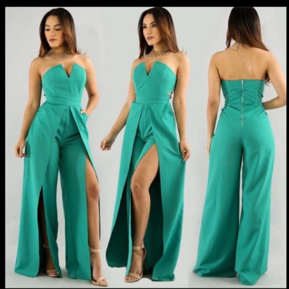 Strapless Green Split Jumpsuit